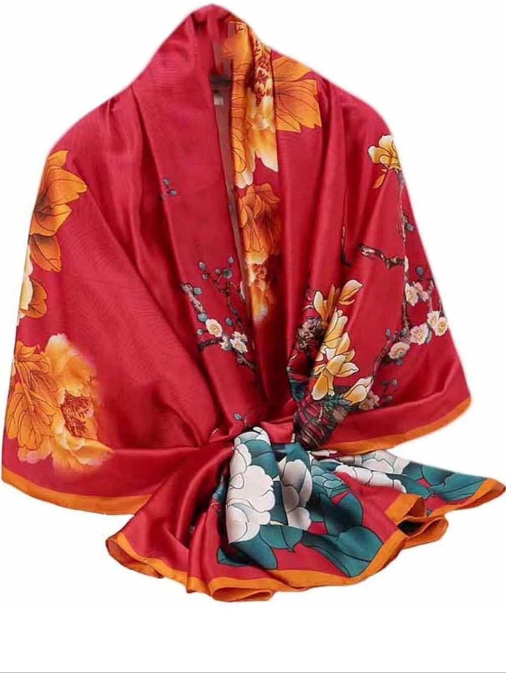 Red Floral Satin Scarf with Yellow Accents